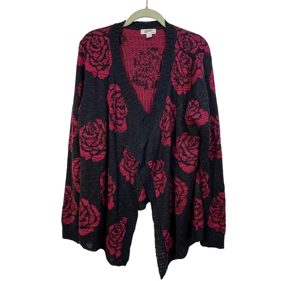 Arizona Jean Co Open Front Cardigan XL Rose Print Black Red Knit Sweater - Picture 1 of 8
